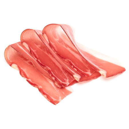 Italian prosciutto crudo or jamon. Raw ham. Isolated on white backgroundの写真素材