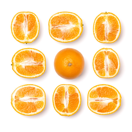 pattern of orange fruit. Orange fruit isolated on white background. Food background. Flat lay, top...