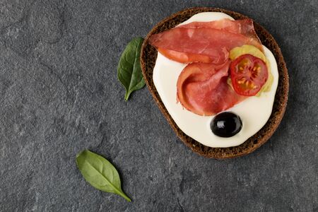 Sandwich with ham. Top view, flat lay.の写真素材
