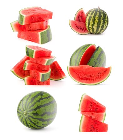 Collection of whole and cut watermelon fruits isolated on white background. Set of different slices.の写真素材