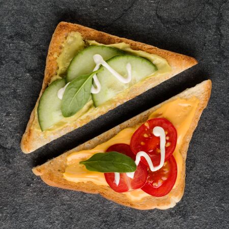Variety of open sandwiches. Top view, flat lay.