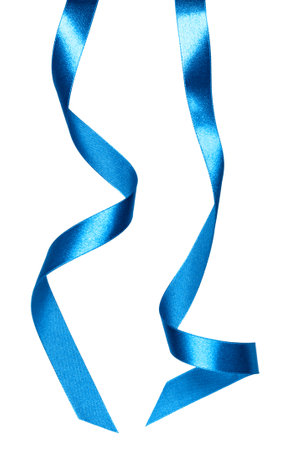 Shiny satin ribbon in blue color isolated on white background close upの写真素材