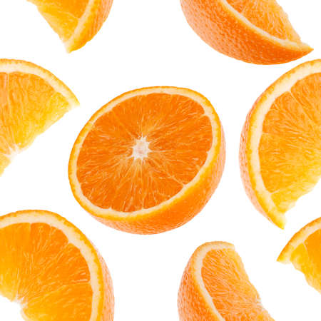 Orange fruit seamless pattern. Orange segments isolated on white background. Food background.の写真素材