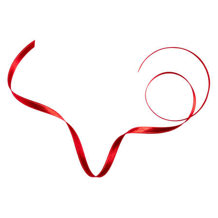 Shiny satin ribbon in red color isolated on white background close up. Ribbon image for decoration design.の写真素材