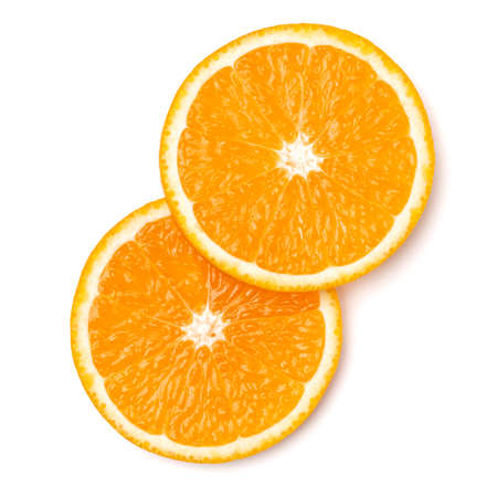 Orange fruit slice  isolated on white background closeup. Food background. Flat lay, top view.の写真素材