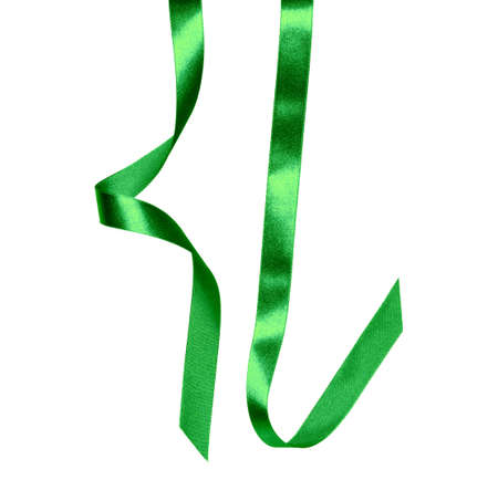 Shiny satin ribbon in green color isolated on white background. Ribbon image for decoration design.の写真素材
