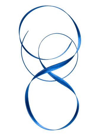 Shiny satin ribbon in blue color isolated on white background close up. Ribbon image for decoration design.の写真素材