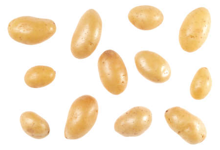 Potatoes isolated on white background. Top view. Flat lay pattern. Potatoes in air, without shadow.の写真素材