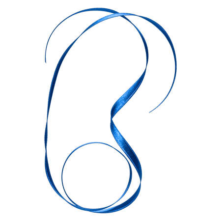 Shiny satin ribbon in blue color isolated on white background close up. Ribbon image for decoration design.の写真素材