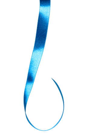 Shiny satin ribbon in blue color isolated on white background close up. Ribbon image for decoration design.の写真素材
