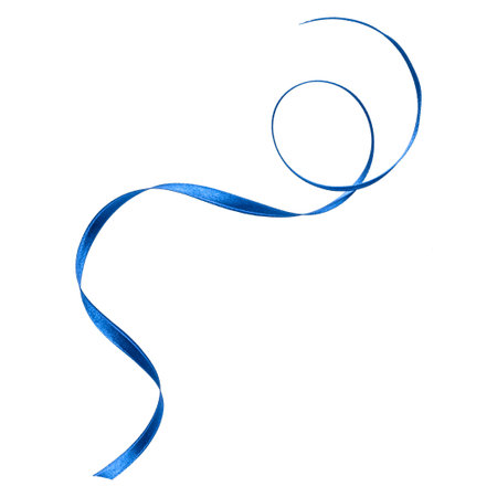 Shiny satin ribbon in blue color isolated on white background close up. Ribbon image for decoration design.の写真素材