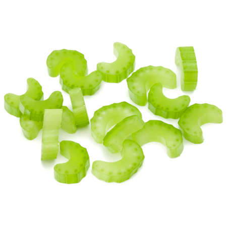 Chopped Celery stalk slices isolated om white background cut out.の写真素材