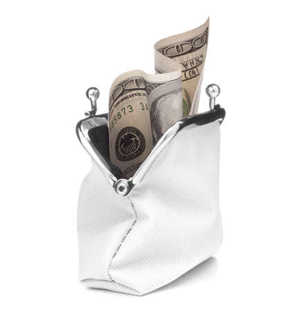 white cash wallet isolated on white background. Charge purse with hundred dollar banknote. Coin wallet.の写真素材