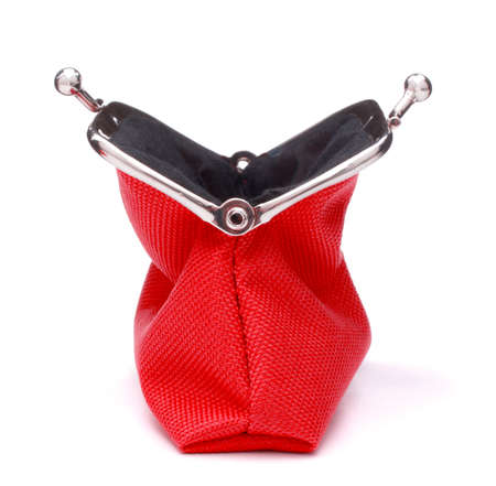red cash wallet isolated on white background. Charge purse. Open empty coin wallet.の写真素材