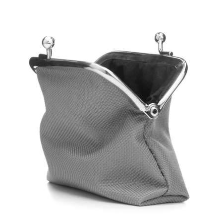 grey cash wallet isolated on white background. Charge purse. Open empty coin wallet.の写真素材