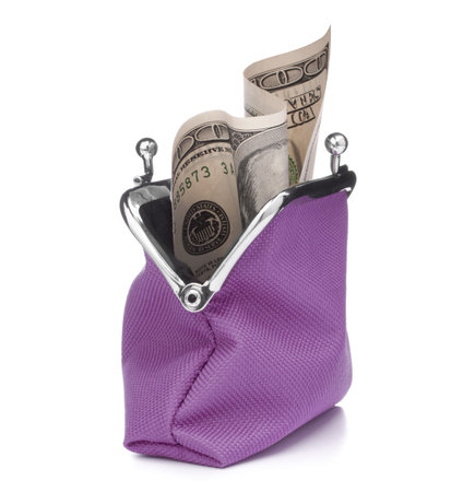 lilac cash wallet isolated on white background. Charge purse with hundred dollar banknote. Coin wallet.の写真素材