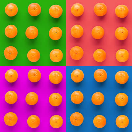 Fruit pattern of fresh orange tangerine or mandarin on colorful background. Flat lay, top view. Pop...