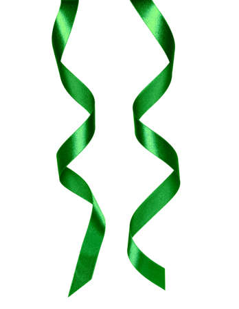 Shiny satin ribbon in green color isolated on white background. Ribbon image for decoration design.の写真素材