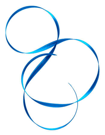 Shiny satin ribbon in blue color isolated on white background close up. Ribbon image for decoration design.の写真素材