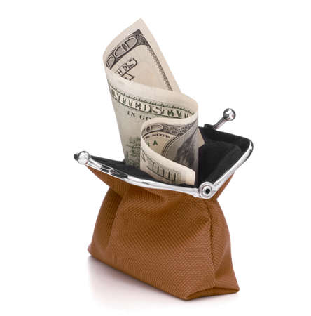 Brown cash wallet isolated on white background. Charge purse with hundred dollar banknote. Coin wallet.の写真素材