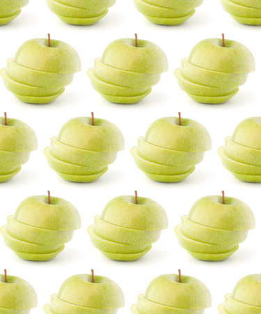 Green sliced apple isolated on white background cutout. Seamless food pattern.の写真素材