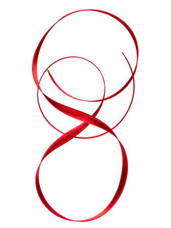 Shiny satin ribbon in red color isolated on white background close up. Ribbon image for decoration design.の写真素材