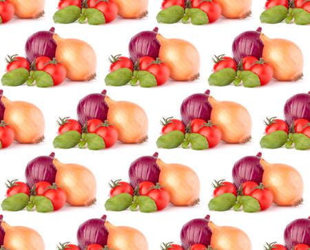 Onion, cherry tomato and basil herb leaves still life isolated on white background cutout. Seamless food pattern.の写真素材