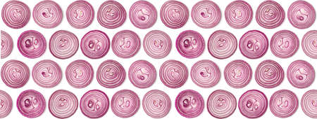Creative layout made of onion slices. Flat lay, top view. Vegetables isolated on white background. Food ingredient seamless pattern.. Banner...の写真素材
