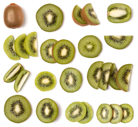 Kiwi isolated on white background. Flat lay, top view. Set of different composition of kiwi slices.の写真素材