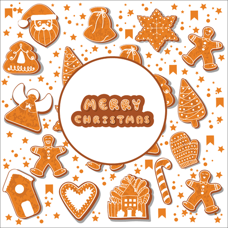 Christmas gingerbread cookies making a rectangular frame. Vector illustration.のイラスト素材