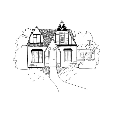Sketch of the house architecture . Free hand drawing vector illustration. Thumbnail sketch of perspective drawing of the outside of a house. Hand-drawn sketch of a typical country house. Black and white sketch. Facade. Vector illustration. Wooden buildingのイラスト素材