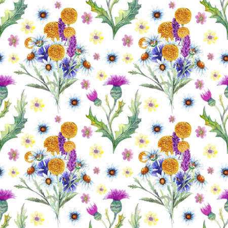 Seamless pattern with spring flowers and leaves. Wildflowers on isolated white background. Floral pattern for Wallpaper or fabric. Watercolor illustration. Element of packaging design, invitations, postcards, etc.の写真素材