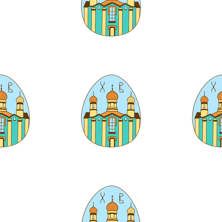 Seamless pattern with Easter colored eggs. The temple, the Church. happy Easter. Festive background. Design for banner, poster or print.の写真素材