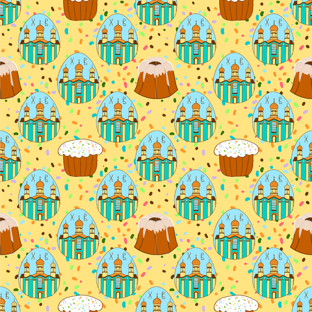 Seamless pattern with Easter colored eggs. The temple, the Church. happy Easter. Festive background. Design for banner, poster or printの写真素材