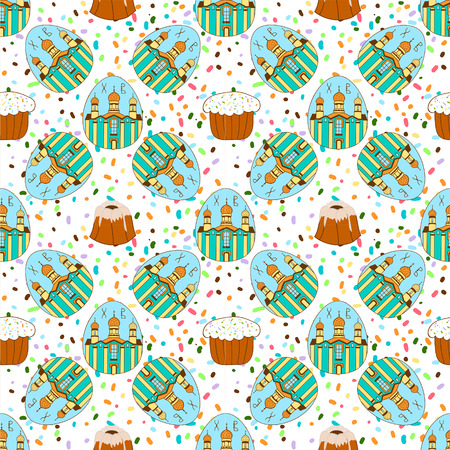 Seamless pattern with Easter colored eggs. The temple, the Church. happy Easter. Festive background. Design for banner, poster or printの写真素材