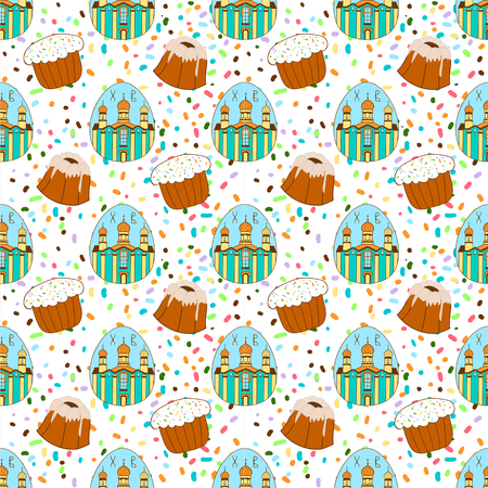 Seamless pattern with Easter colored eggs. The temple, the Church. happy Easter. Festive background. Design for banner, poster or printの写真素材