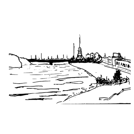 Urban landscape. Black and white sketch, line art. Sketch. Poster, calendar postcard Vector illustrationのイラスト素材