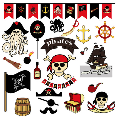 Set of 23 color elements on the pirate theme. Pirate symbols-swords, treasure chest, skull and bones, Davy Jones, octopus, pipes, barrels, flag, hook, land mine, etc.のイラスト素材