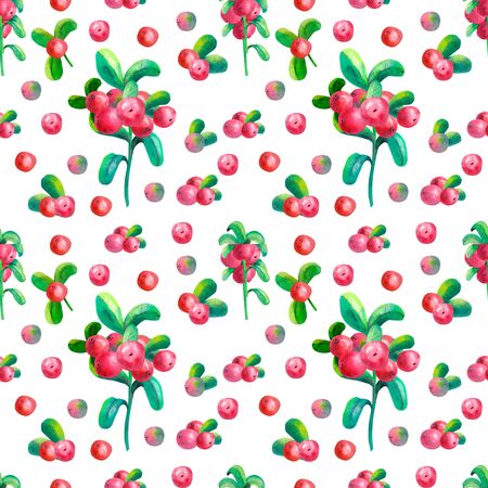 Floral watercolor illustrations. Colorful seamless pattern wallpaper with branches, leaves and cowberry berries on the white background.の写真素材
