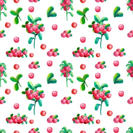 Floral watercolor illustrations. Colorful seamless pattern wallpaper with branches, leaves and cowberry berries on the white background.の写真素材