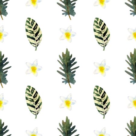 Exotic tropical leaves. Seamless pattern on white isolated background. Fashion beach art print Wallpaperの写真素材