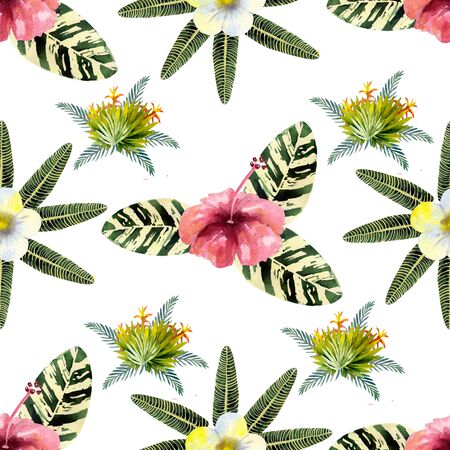 Exotic tropical leaves. Seamless pattern on white isolated background. Fashion beach art print Wallpaperの写真素材