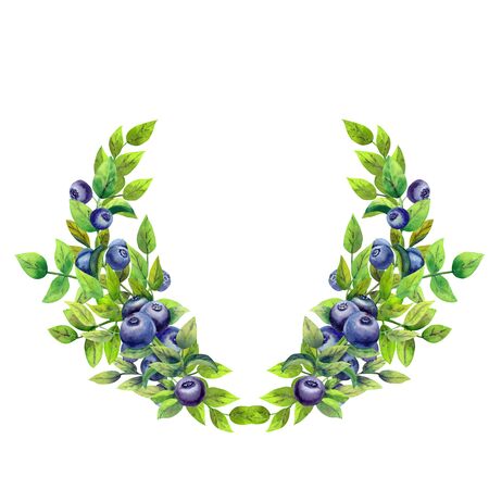 Wreath frame with ripe blueberries on white isolated background. Watercolor illustrationの写真素材