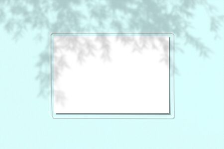 A piece of paper on a blue background. Layout with the imposition of plant shadows. Natural light...