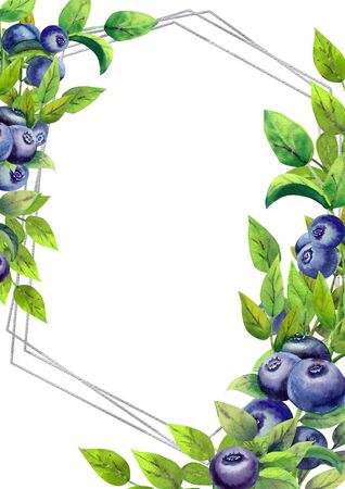 Frame with ripe blueberries on white isolated background. Vertical orientation. Watercolor illustrationの写真素材