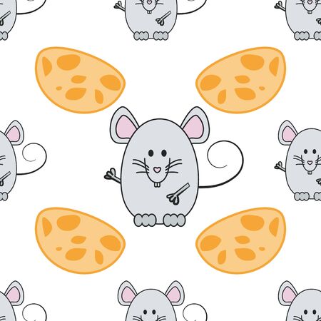 Seamless background with mouse and cheese. Cute cartoon mouse. Vector illustrationのイラスト素材