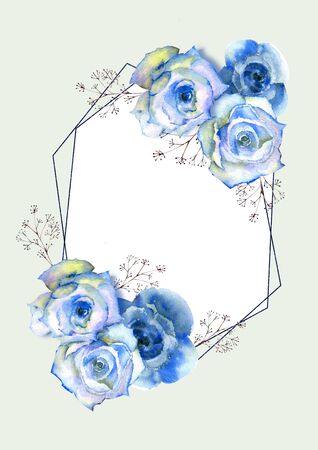 Frame with floral watercolor illustration-blue roses on a white isolated background. Bright flowers, leaves, for wedding stationary, greetings, Wallpaper, fashion, background, texture, packaging, invitations. Vertical orientationの写真素材