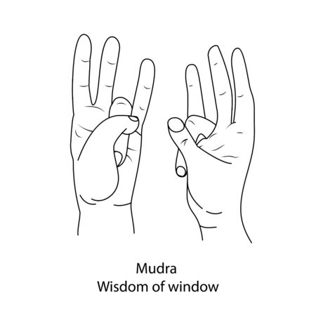 Fingers yoga is mudra the wisdom of the window. Outline black and white pattern on white isolated background. Vector illustration.のイラスト素材