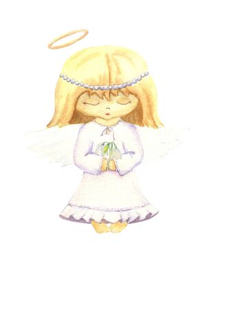Cute little angel girl with closed eyes in cartoon style. Clipart on a white isolated background. Watercolor illustration.の写真素材