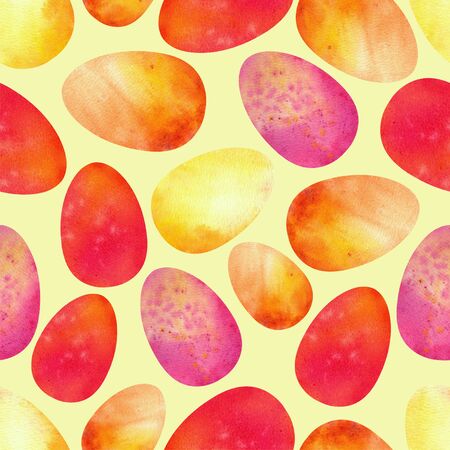 Colorful Easter eggs on a yellow background. Seamless patterns. Watercolor illustrationの写真素材